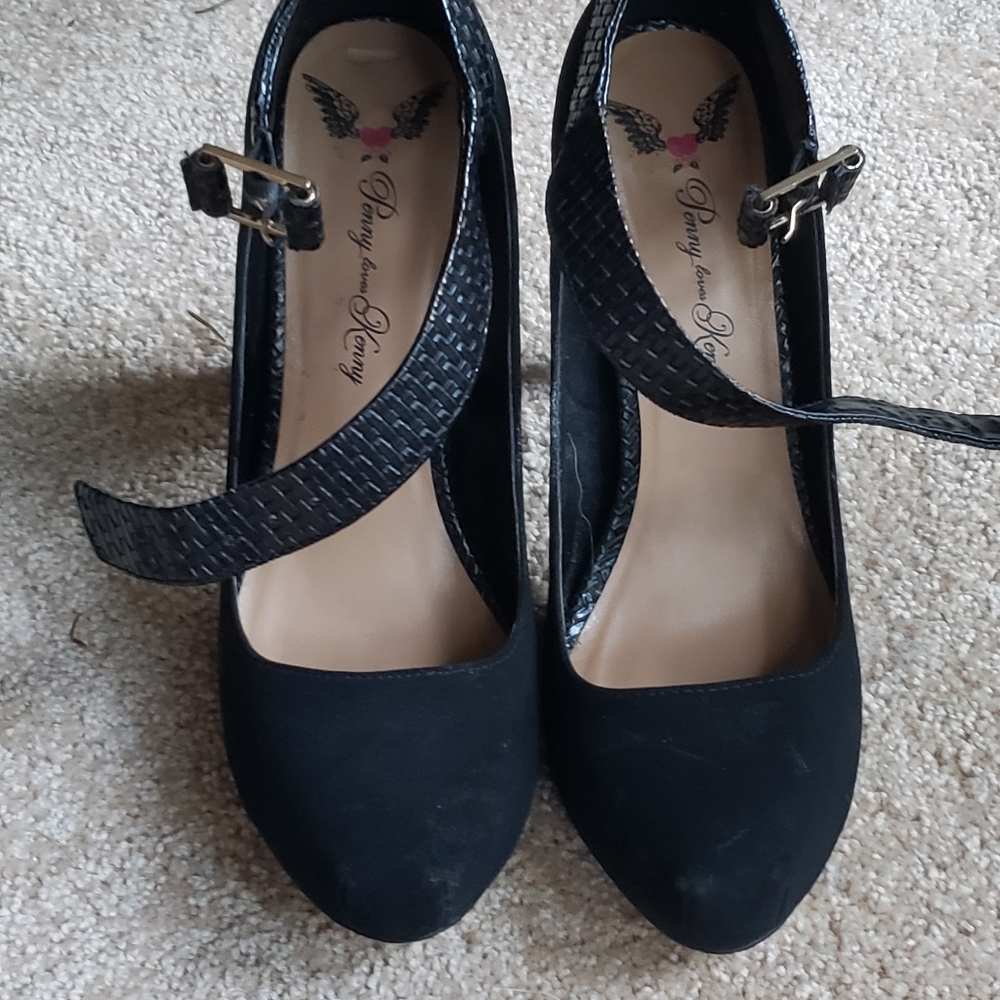Black platform pumps with ankle strap